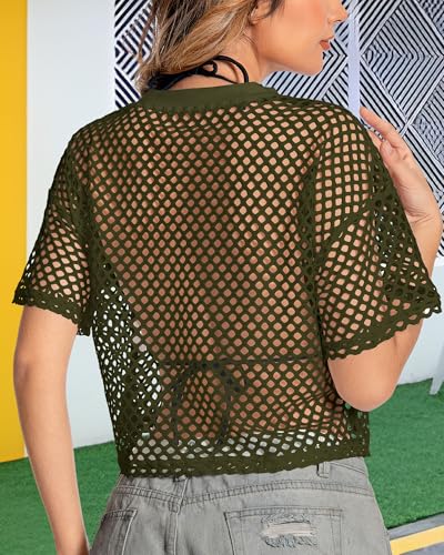 Image of Women's Mesh Top Fishnet T Shirts Sheer Loose Short Sleeve See Through Crop Tops
