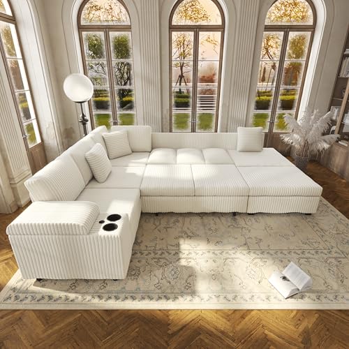 Image of KEIKI 110 inch L-Shaped Oversized Plush Corduroy Modular Sectional Sofa with Pull-Out Bed, Convertible 6-Seater Sleeper Couch Bed with 1 Ottomans & USB & Cup Holders, Easy Assembly, for Living Room, Beige