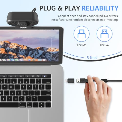 Image of Acer A640 4K Webcam for PC with Sony Sensor PDAF Autofocus AI Noise Canceling Mic 2K 1080P /60fps USB A to C Adapter Computer Camera for Gaming Streaming Meetings Switch 2 Camera Teams Zoom Facetime