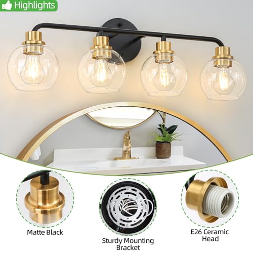 Image of 4 Light Bathroom Vanity Light, Black and Gold Bathroom Light Fixtures | with Clear Glass Shade Modern Wall Sconces Lighting Bath Wall Lights Lamp for Mirror Kitchen Living Room Bedroom Hallway