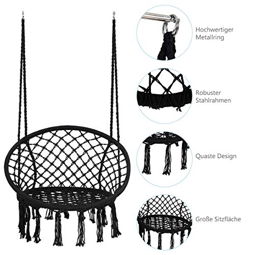 Ldaily Hammock Chair, Outdoor Macrame Swing Chair W/ Backrest & Metal Hoops, Cotton Rope Handwoven Hanging Chair For Bedroom, Balcony, Backyard & Garden, 330Lbs Capacity (Black) #TOP5
