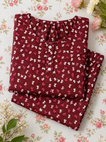 Image of KIAWAH Women Printed Night Suit Set, Cotton Blend Night Suit, A-Line Top and Pajama Set, Soft and Breathable Night Wear