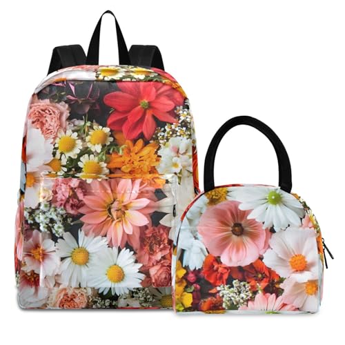 Backpack Lunch Bag Set Vibrant Flowers Print, Big Storage Travel Backpacks with Insulated Lunch Box for Office Hiking Picnic