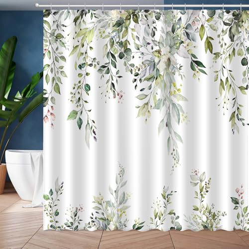 Image of Eucalyptus Shower Curtain, Aesthetic Art Watercolor Plant Leaves with Floral Bathroom Decor, Waterproof Fabric Cloth Bath Curtain Set with Hooks (Green, 72 inch W x 72 inch L)