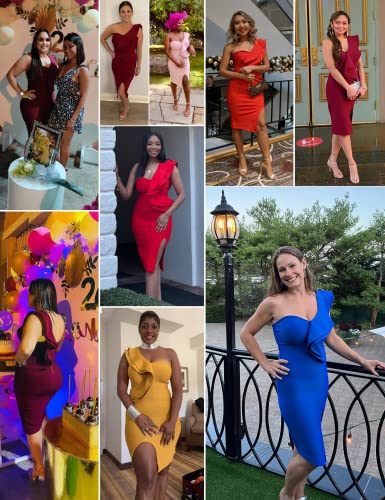 Image of One Shoulder Ruffle Dress Side Split Bodycon Bandage Dress Wedding Guest Dress