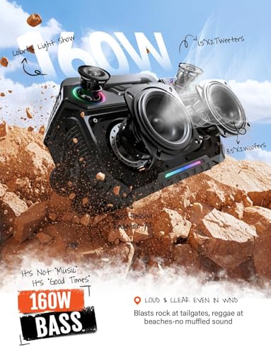 Image of Outdoor Bluetooth Speaker 160W: IP67 Waterproof, 24H, TWS | Rugged portable speaker with deep bass, LED lights, TWS pairing for parties, beach, travel, camping, garage