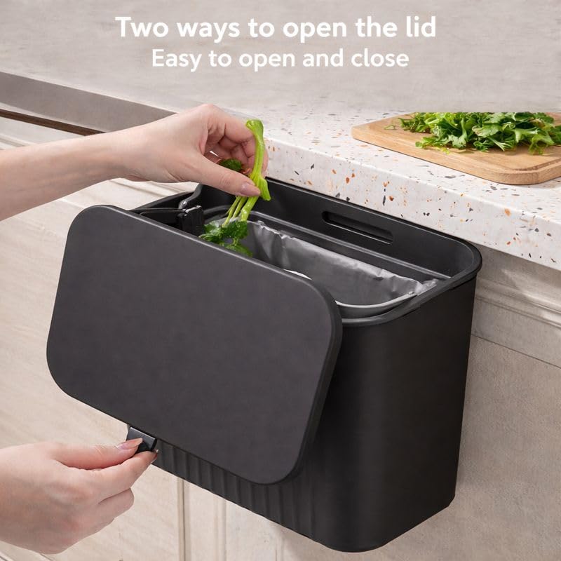 Image of RADIANT 7 Litre Plastic Hanging Kitchen Trash Can With Lid, Double-Sided Open Lid Design, Kitchen Trash Can, Kitchen Cabinet Door Hanging Wall Storage Bucket (with 30 Garbage Bag) (Black)