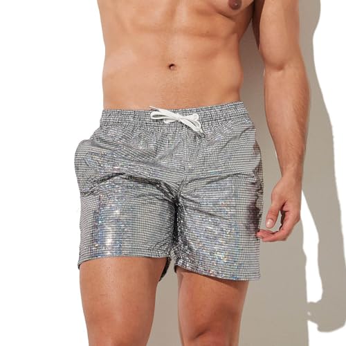 Evankin Mens Sexy Glitter Shorts Shiny Metallic Trunks Sparkly Panties with Pockets and Drawstrings for Rave Hot Party3