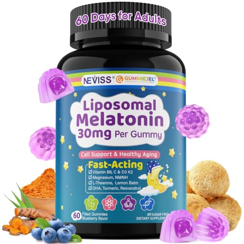 NEVISS Liposomal Melatonin 30mg Per Gummy for Antioxidant/Brain Adults 30 40 50 60 70+ Sleep Extra Strength High Dose Folate | ALA | DHA | Lions Mane | Resveratrol | Cognition Cell Healthy-Aging