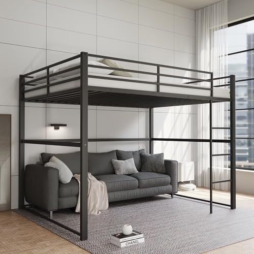 Metal Loft Bed Full Size, Loft Bed Frame with Safety Guard Rails & Flat Ladder, Twin Loft Bed for Kids Teens Adults, Black