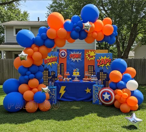 Blue, Orange and White Balloon Arch Kit with Silver Star Foil – Double-Stuffed 5" 12" 18" Balloons for Football, Back to School, Fall Baby Shower, Boys Birthday & Halloween Decor