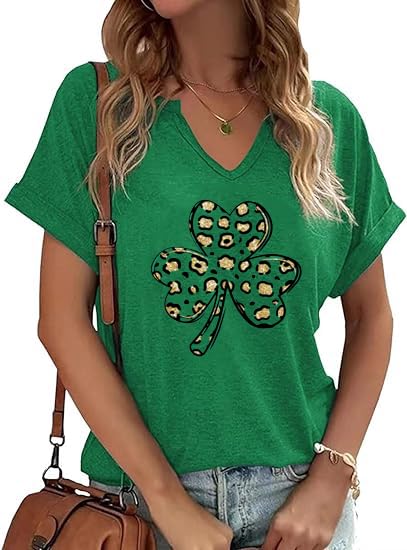 V-Neck St Patrick's Day Shirts for Women Shamrock Clover Paddy's Day Lucky Irish Blouse Spring Graphic Tops
