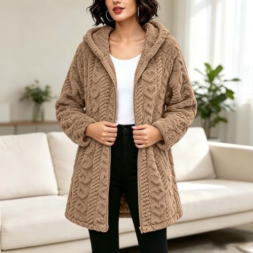 Womens Hooded Sherpa Cardigan Jacket Zip Up Jacquard Textured Long Coat - image 2