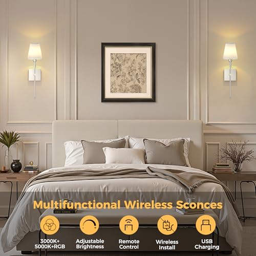 Image of DORESshop Battery Operated Wall Sconce Set of 2, Nickel Rechargeable Wall Lights, Sconce Wall Decor Set of 2, 7 Colors Mode Wireless Sconces for Bedroom Living Room Hallway