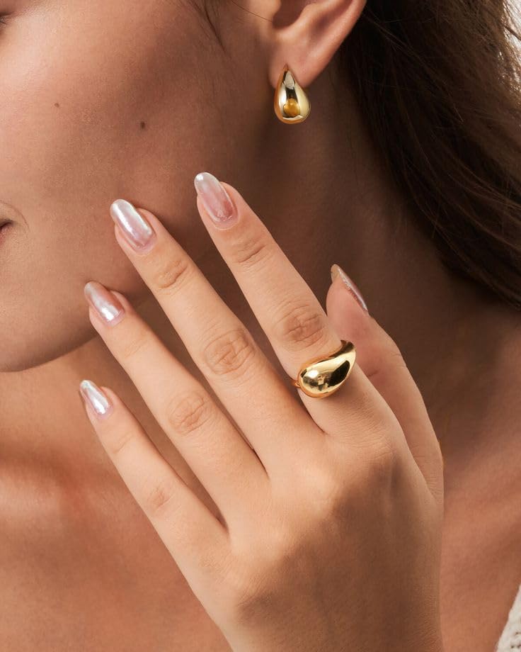 Chunky Gold Plated Teardrop Rings For Women,Stainless Steel Water Drop Ring Thick Dome Gold Open Dupes Rings Non Tarnish Statement Trend Jewelry - Image 3