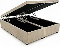 Cama Box Baú Queen Bipartido 79, Blindado, Pistão á Gás, Pés de Madeira (Suede, Bege)