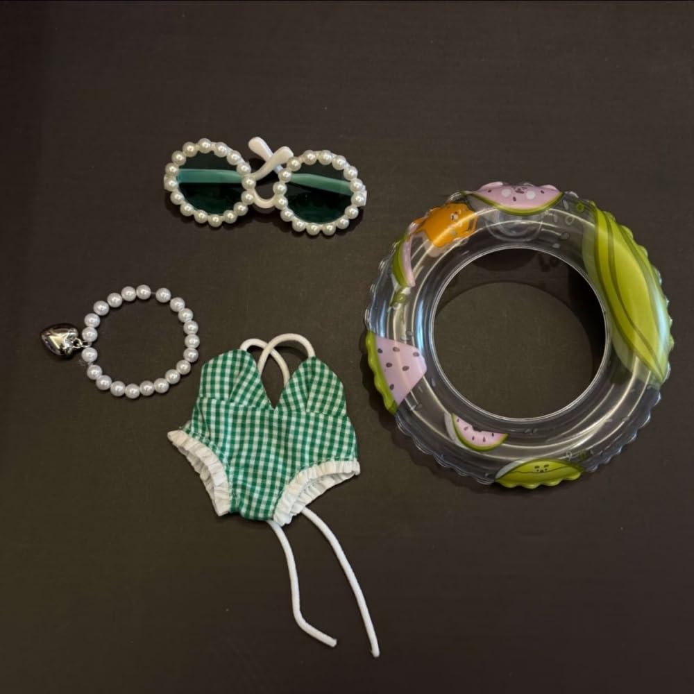 Stylish Summer Beach Clothes Set Suitable for 17cm/15cm Labubu – Fashion Outfit(Doll Not Included) (Green Swimsuit+Swim Ring+Necklace+Glasses) — view 2