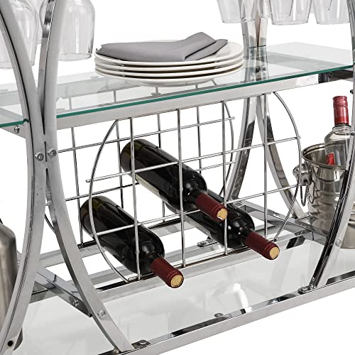Rarzoe Bar Serving Cart With Glass Holder&Wine Rack, Mobile Kitchen Serving Cart Wine Cart, 3-Tier Kitchen Trolley With Tempered Glass Shelves&Sliver-Finished Metal Frame For Home Dining Room(Silver) #TOP5