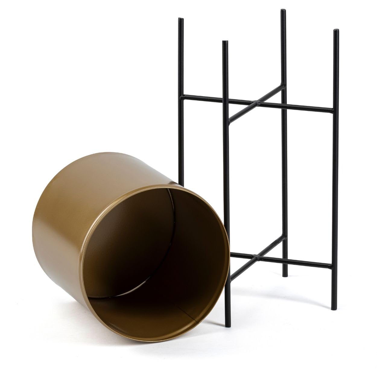 Macetero redondo decorativo negro y dorado con soporte para flores de 55 cm, de metal.
