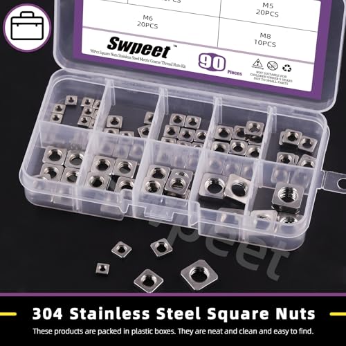 Swpeet 90Pcs 5 Größen M3 M4 M5 M6 M8 304 Edelstahl Metric Grob Gewinde Vierkantmuttern Sortiment Kit, Maschinenschraubenmutter Metric Grob Gewinde für Home Automotive Shop Gebrauch