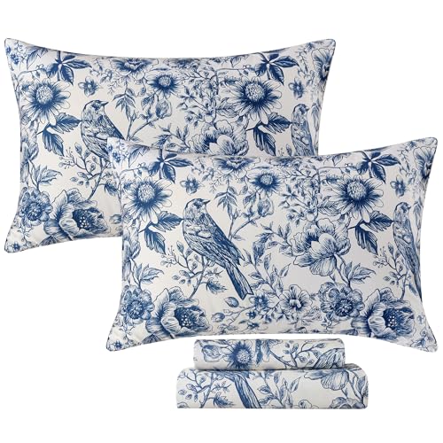 Image of FADFAY Sunflower Bird Sheets Set Cal King 100% Egyptian Cotton Blue Toile de Jouy Bedding Vintage Blue and White Floral Farmhouse Bedding Shabby French Country Sheets Deep Pocket Soft Breathable 4Pcs