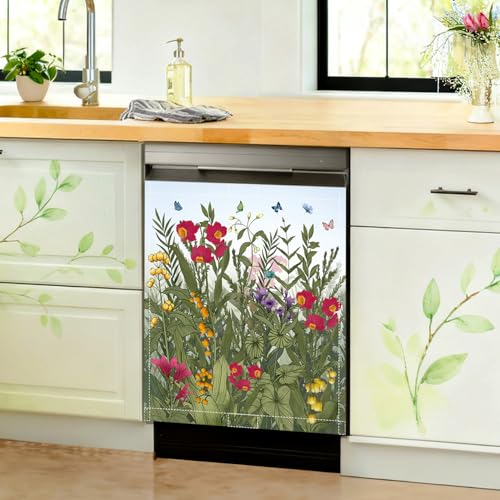 Image of Summer Flowers Dishwasher Magnet Cover Wildflowers Dishwasher Magnet Sticker for Kitchen Decoration 23x26 in Farmhouse Floral Refrigerator Magnet Cover Fridge Panel Decal Pad