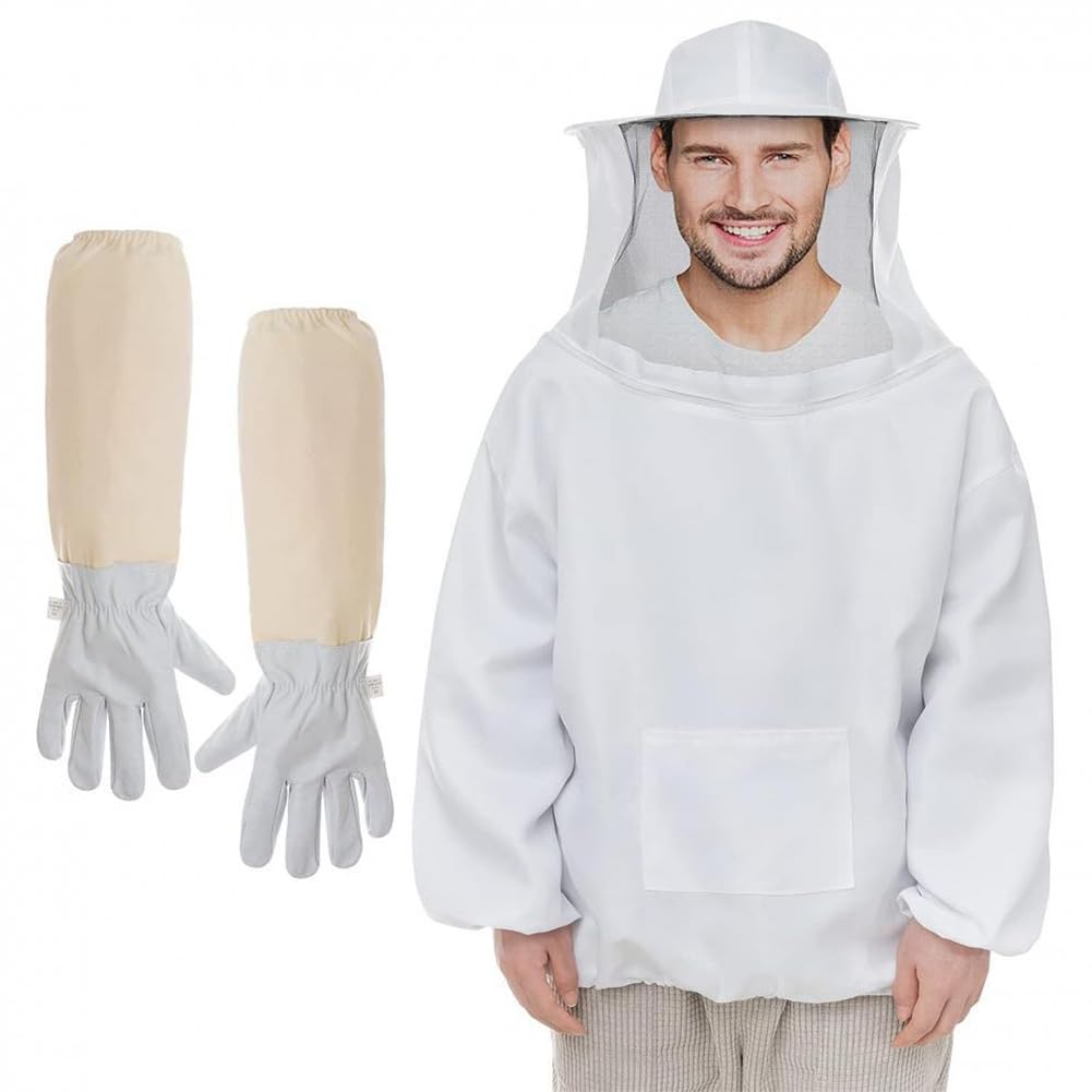 Costume D'apiculture Professionnelle avec Gants, Combinaison D'apiculteur, Gants D'apiculture en Peau de Chèvre, Combinaison Apicole, Gants Protégés pour Apiculteur, Vêtements à Capuchon Avec Voile