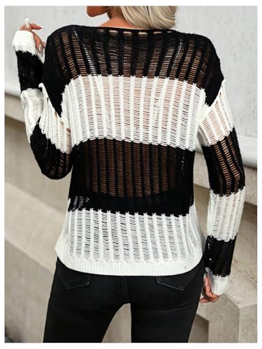 SweatyRocks Women's Hollow Out Pullover Sweater Off The Shoulder Long Sleeve Crochet Sweaters Color Block Tops2