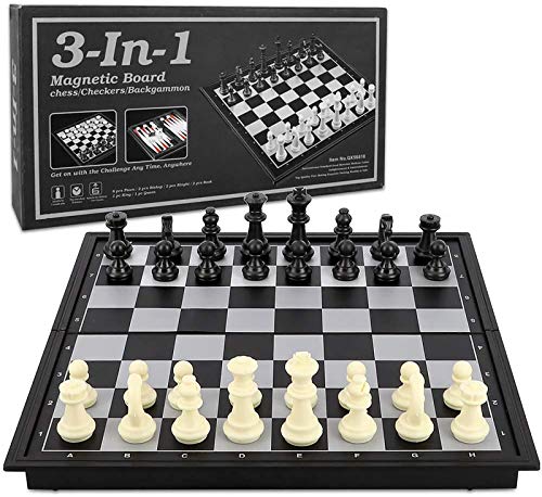 Checkers Chess Backgammon Set 3-in-1 Game Set for Kids and Adults,Magnetic Travel Chess Set with Folding Board Travel Educational Board Games,10\" x 10\"