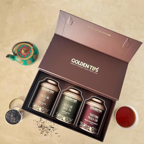 Image of Golden Tips Assorted Tea Gift Box | Perfect Diwali Gifts for Family and Friends | Diwali Gift Set | Gift Hamper of Darjeeling Tea + Darjeeling Green Tea + Masala Chai