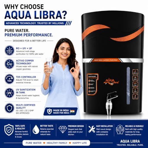 Image of Aqua Libra 10L RO UV UF Water Purifier for Home | UV LED Tank Sanitization | Active Copper Technology | TDS Controller | ISI Certified | Suitable for Borewell, Tanker & Municipal Water