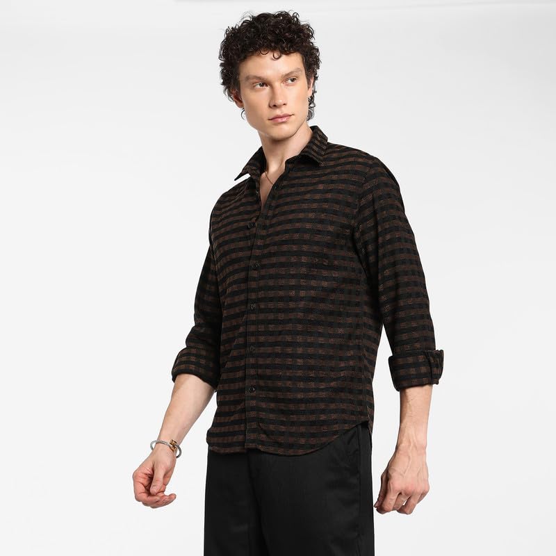 Image of CAHOOT Men's Polycotton Abstract-Textu Shirt |Casual-Wear | Spread Collar | Long Sleeve | Button Closure | Shirt Crafted with Comfort Fit for Everyday Wear