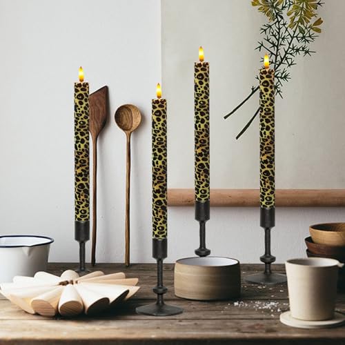 Image of Remote Leopard LED Taper Candles - 4pcs Animal Pattern Flameless Battery Operated Candlesticks for Home Wedding Dining Table Holiday & Party Decoration