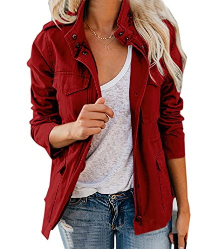 chouyatou Women's Fall Stand Collar Zip Up Military Cotton Utility Safari Jacket (Large, Wine Red)