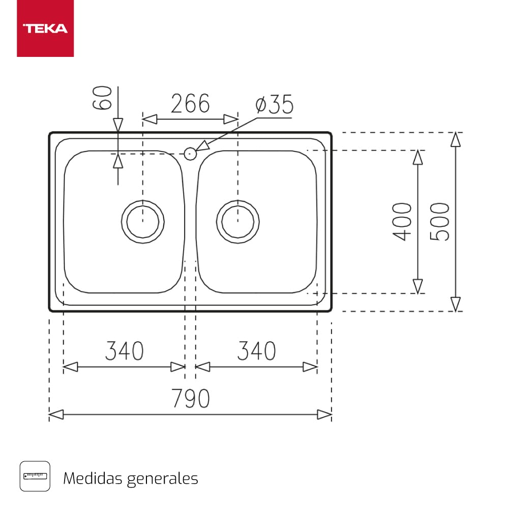 TEKA Fregadero Encastrado 2 Cubetas 80 cm Acero Inoxidable, Profundidad 170 mm, Desagüe Manual con Canasta y Sifón, Universe 80 T-XP 2C