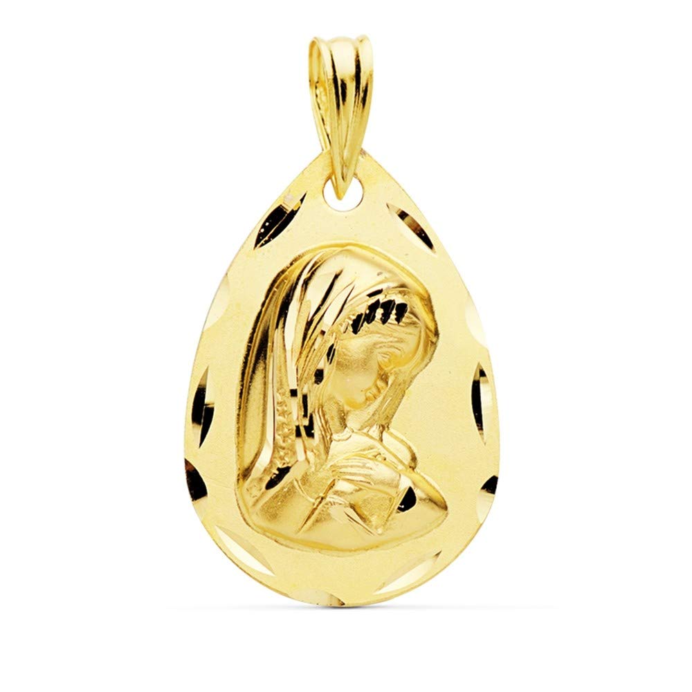 Medalla oro 18k Virgen Niña 21mm. lágrima borde tallado