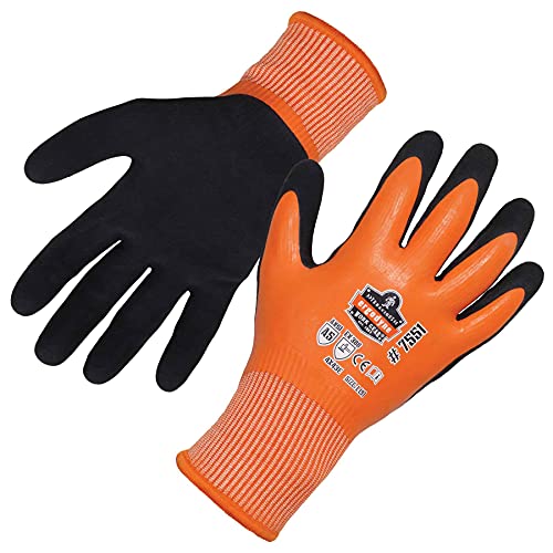 Ergodyne ProFlex 7551 Waterproof Winter Work Gloves, Cut Resistant ANSI A5, Sandy Nitrile Coated Palms, Thermal Fleece Lining, Orange