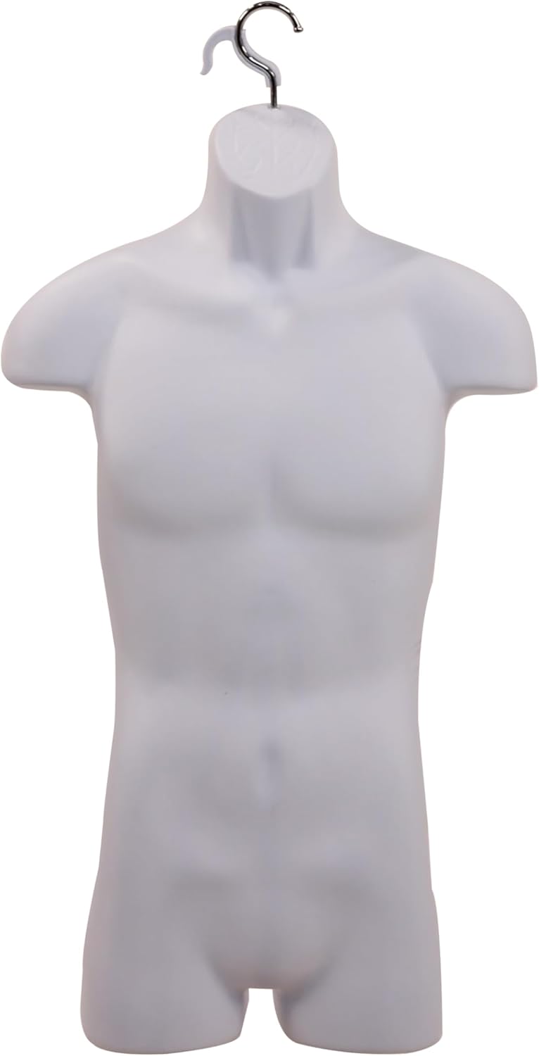 SSWBasics Male Molded Shatterproof White Shapely Torso Form with Hook - Fits Men's Sizes