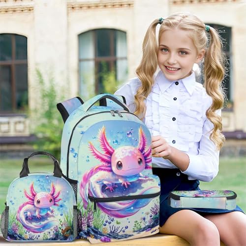 School Backpack with Lunch Box Set for Girls, 3PCS Axolotl Backpacks Matching Combo for Kids, Cute Animals Bookbag and Pencil Pouch Bundle for High School3