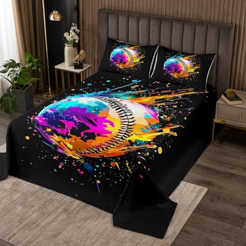 jejeloiu Baseball Coverlet Set King Size Kids Sports Game Quilted Coverlet for Boys Girls Teens Baseball Gaming Gift for Sports Lover Paint Splashes Bedspread Room Decor