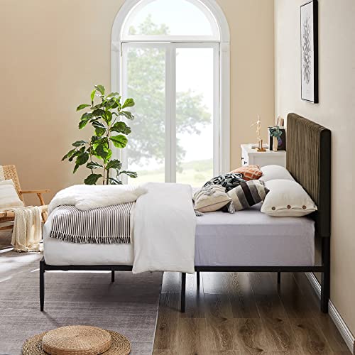 Queen Size Upholstered Platform Bed, Queen Bed Frame Brown Velvet With Headboard, No Box Spring Needed, Sturdy Strong Bed Slats, Simple Style Bed Frame For Bedroom, Easy Assembly, Mattress Foundation #TOP3