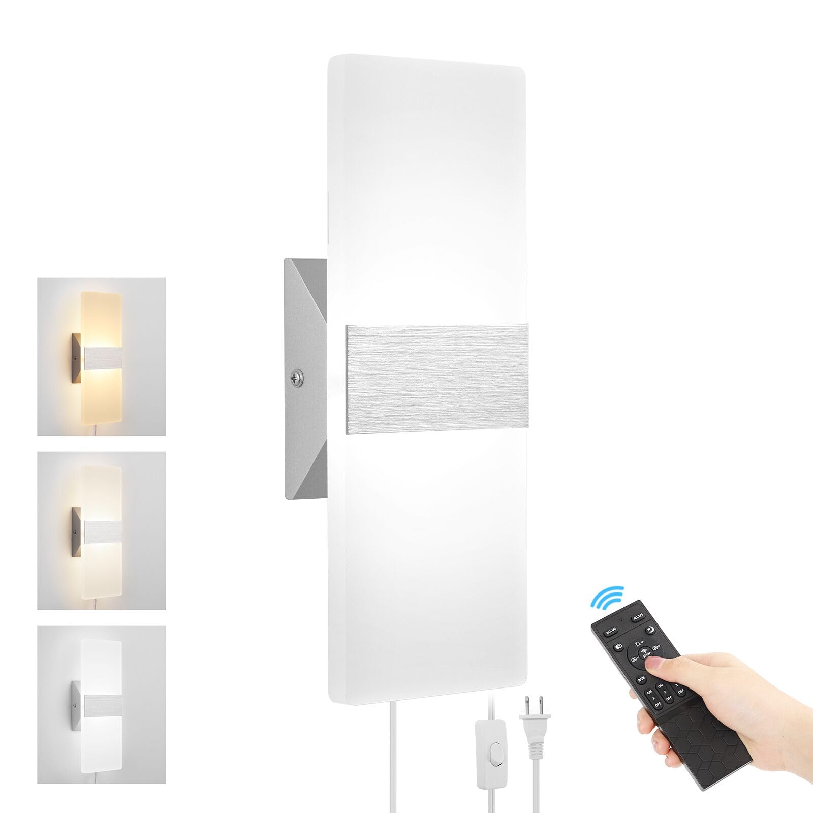 Plug in Wall Sconces with Stepless Adjustable 3000K-6500K Colors and 10%-100% Brightness, Sconces Wall Lighting with Remote Control 12W Acrylic LED Wall Lamp with 6FT Plug in Cord, 1 Pack