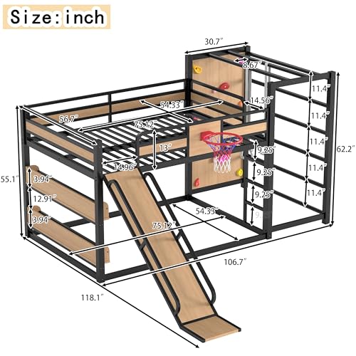 Image of Bellemave Full Over Full Bunk Beds for Kids with Slide, Basketball Hoop & Climbing Wall, Heavy Duty Metal Full Size Bunk Bed with Guardrails, Low Bunk Bed for Bedrooms, No Box Spring Needed, Yellow