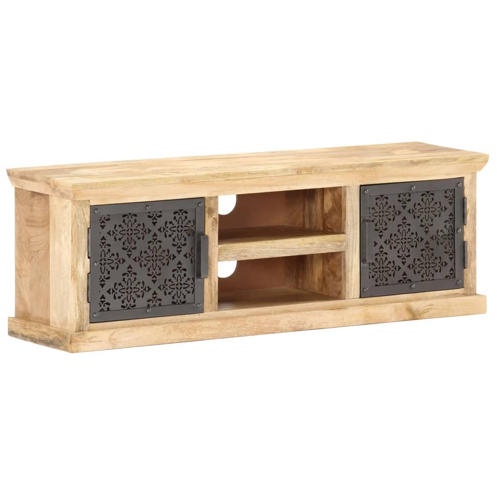 Szafka TV z litego drewna mango, 120 x 30 x 40 cm, z malowanymi proszkowo stalowymi drzwiami, czarna, do konsoli multimedialnych, idealna jako uniwersalna podstawka pod telewizor i szafka do