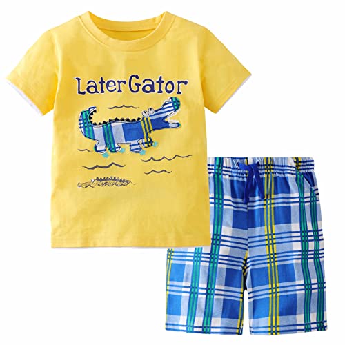 Image of Gorboig Toddler Boy Clothes Little Boys Summer Outfits Short Sleeve Clothing Dinosaur T-Shirt & Shorts Sets 2-7T
