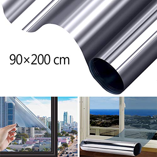 FOCHEA Fensterfolie Selbsthaftend Sonnenschutz Spiegelfolie für Sonnenschutz Fenster Außen und Innen, Sonnenschutzfolie für Schlafzimmer UV-Schutz Silber (90 x 200 cm)