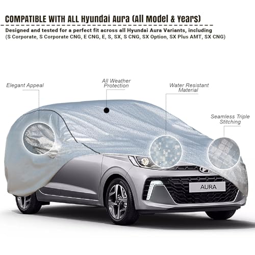 Image of Pivalo Car Cover for Hyundai Aura All Model & Years (2020-2025) 100% Waterproof with Mirror Pockets, Triple Stitched Bottom Elastic Dustproof Full Body Protection (Heat & UV Resistant, Silver)