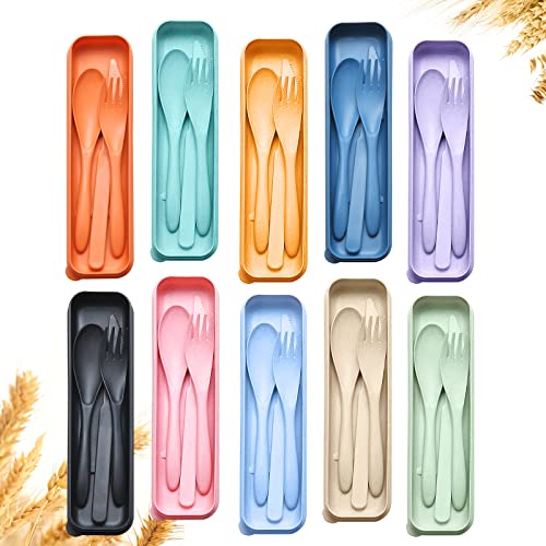 Reusable Travel Utensils Set with Case, 10 Sets Wheat Straw