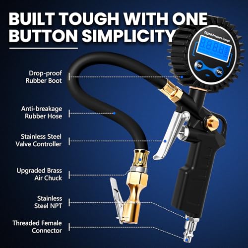 Image of Digital Tire Gauge with Inflator & Deflator - LED Display & 0.1 PSI Resolution - Quick Release Valve & Heavy Duty Chuck - w /Adapter for Car, Truck, SUV, Motorcycle, RV, Balls