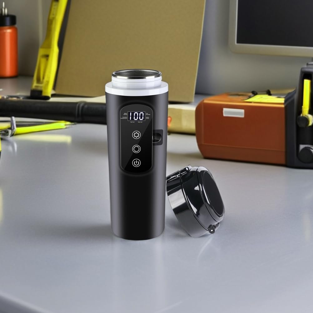 Tragbarer Auto Wasserbecher 500ml Schwarz aus Edelstahl mit Digitalanzeige | Kaffee und Heißgetränke, Kompakt und Leicht, Präzise Temperaturregelung, für Reise und Familienurlaub